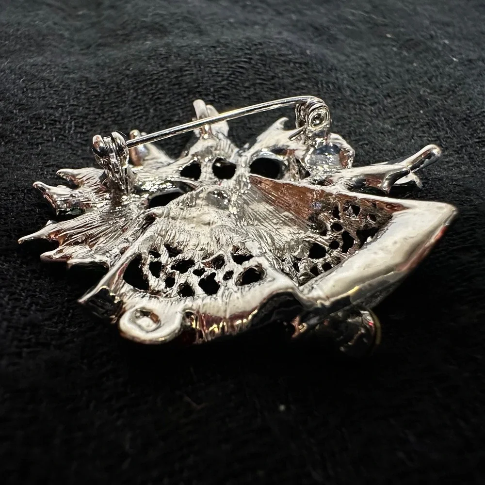 Christmas Bell Brooch Silver Tone Red Holiday Rhinestone‎